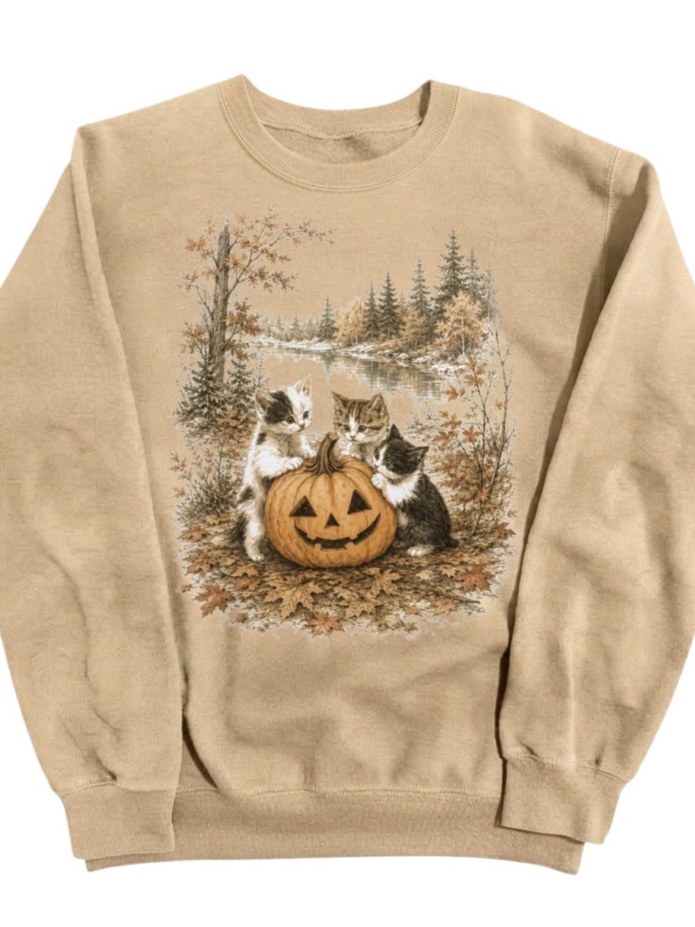 Gildan Tan Crewneck Sweatshirt with Kittens & Pumpkin Graphic, Gift For Her, Him
